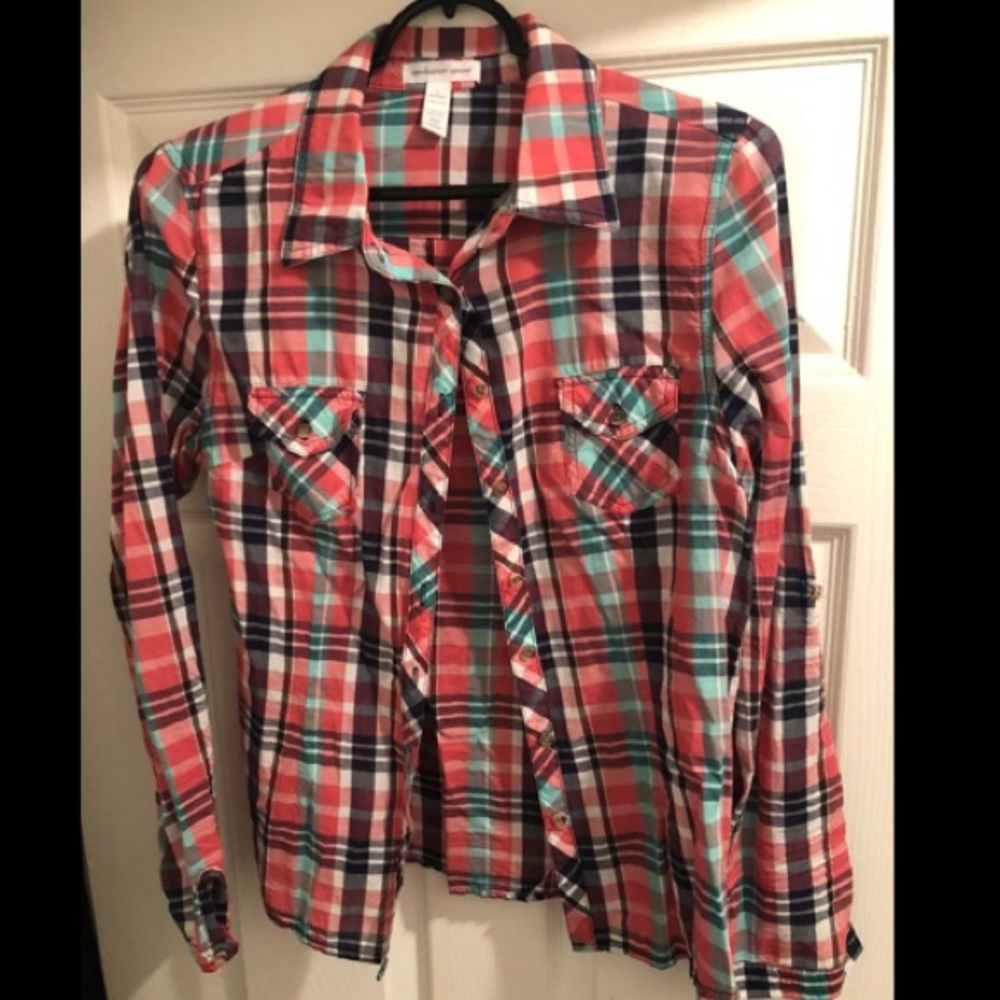 Plaid multi color long sleeve button up shirt